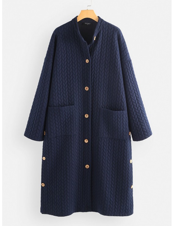 Casual Jacquard Stand Collar Button Long Coat