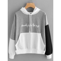 Color Matching Patchwork Long Sleeve Hooded Sweatshirt