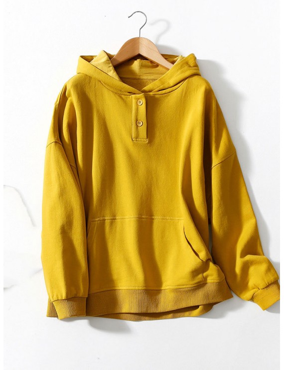 Solid Color Hooded Big Pocket Button Long Sleeve Loose Sweatshirt For Women