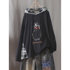 Embroidery Vintage Plaid Patch Long Sleeve Hoodies