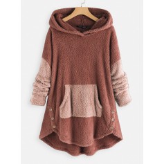 Patchwork Plush Solid Color Hoodie For Women