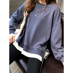 Fake Two Pieces Asymmetrical O-Neck Pullover Long Sleeve Sweatshirt