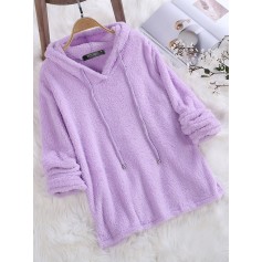 Fleece Hooded Solid Color Long Sleeve Sweatshirt