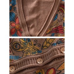 Ethnic Print V-neck Pockets Button Knitting Cardigan