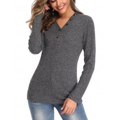 Solid Color V-neck Button Sweater For Women