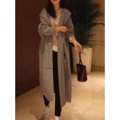Long Sleeve Solid Hooded Loose Knitted Sweater Cardigan