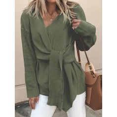 Fashion V-neck Solid Color Waistband Sweater