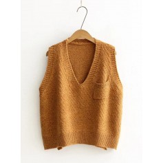 Women Casual Knit Solid Color V-neck Loose Sleeveless Sweater