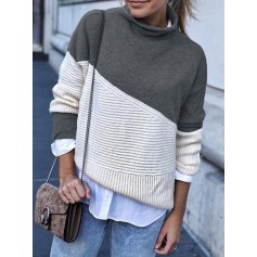 Turtleneck Contrast Color Patchwork Long Sleeve Sweater