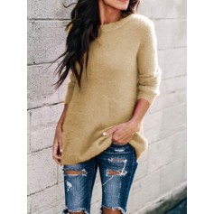 Crew Neck Solid Color Long Sleeve Casual Sweater For Women