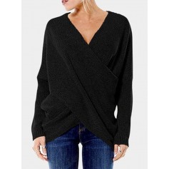 Cross Wrap Solid Color Irregular Long Sleeve Sweater